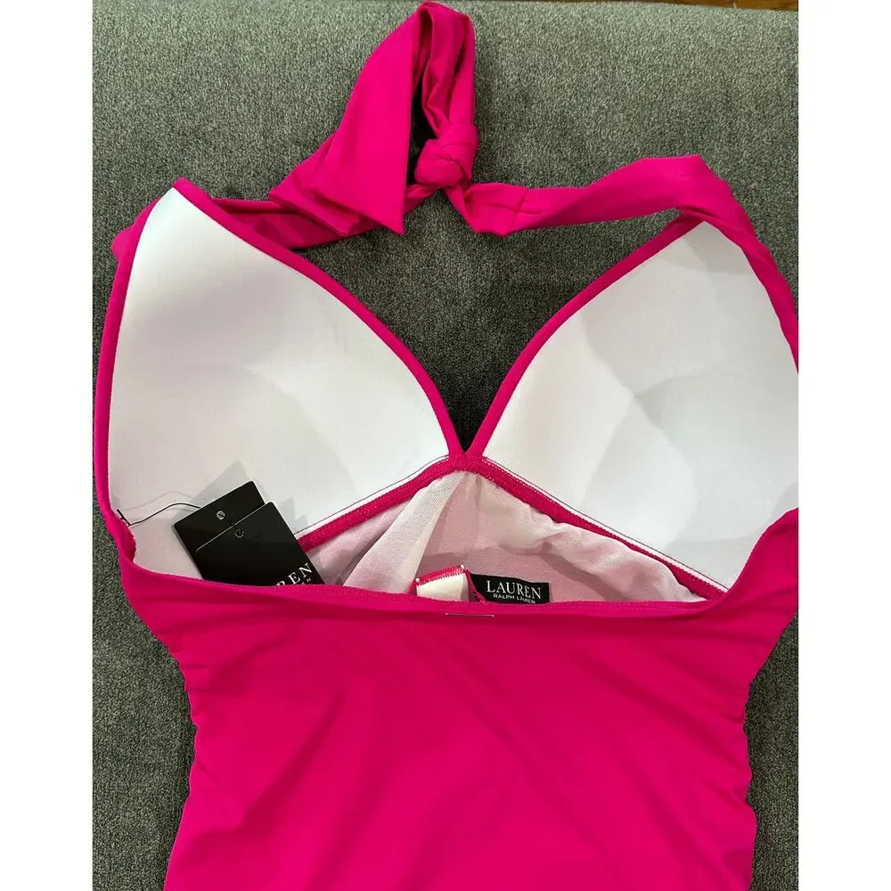 Ralph Lauren Beach Club Solid Molded Cup Halter Tankini Top Hot Pink Size 4 NWT